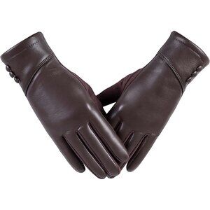 Women's Brown Winter Leather Touch Screen Wool Lined Windproof Warm Dress Gloves